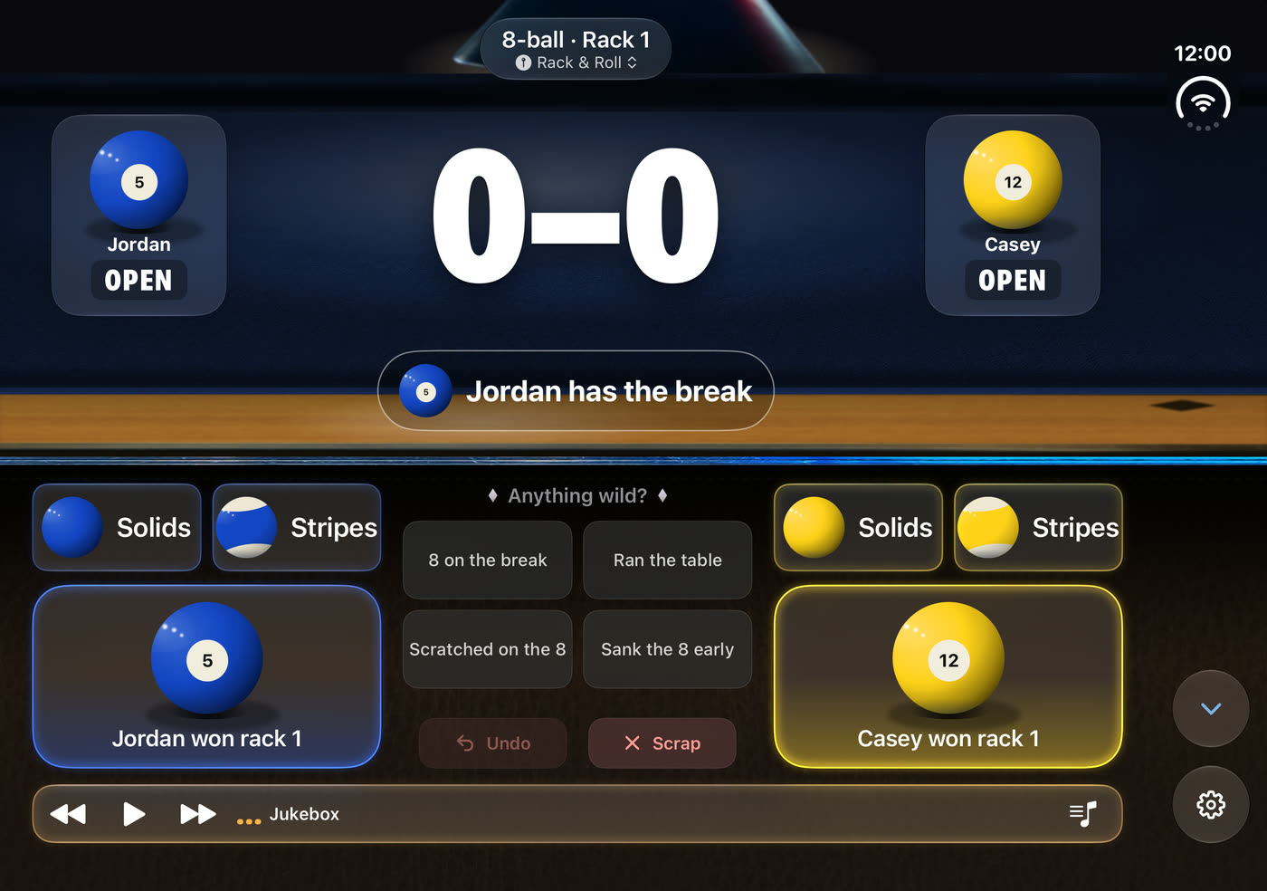 A set on the Duo opened flat: 0 to 0, both players open, with the winner buttons on either side