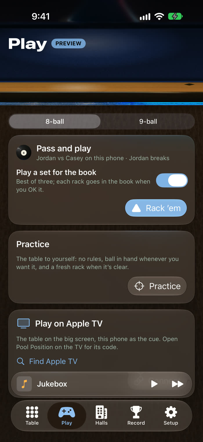 The Play tab: 8-ball or 9-ball, pass and play with a switch to play a set for the book, practice, and Play on Apple TV
