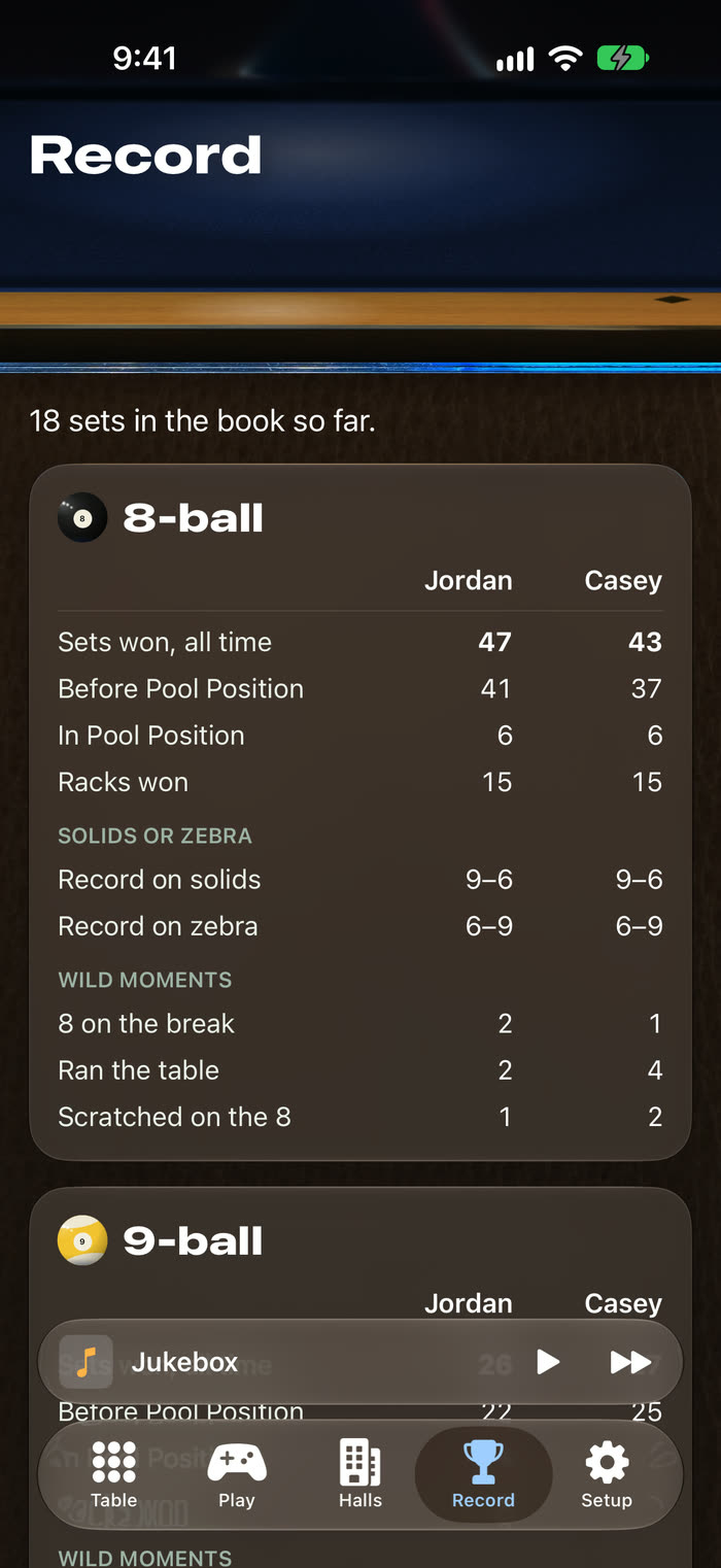 Record page on iPhone with sets won, solids or stripes and wild moments