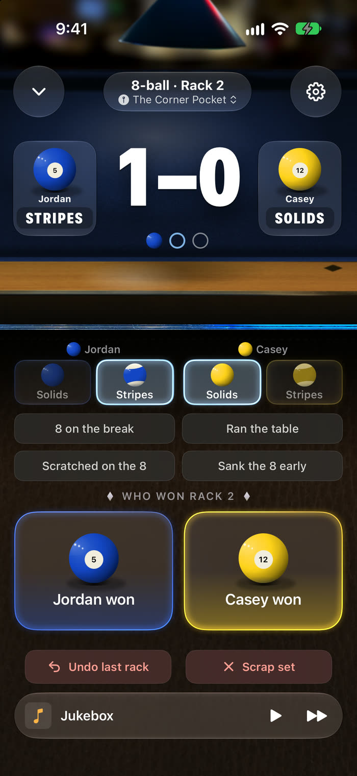A set in progress: 1 to 0, Jordan on stripes and Casey on solids, wild-moment buttons, and big Jordan won and Casey won buttons
