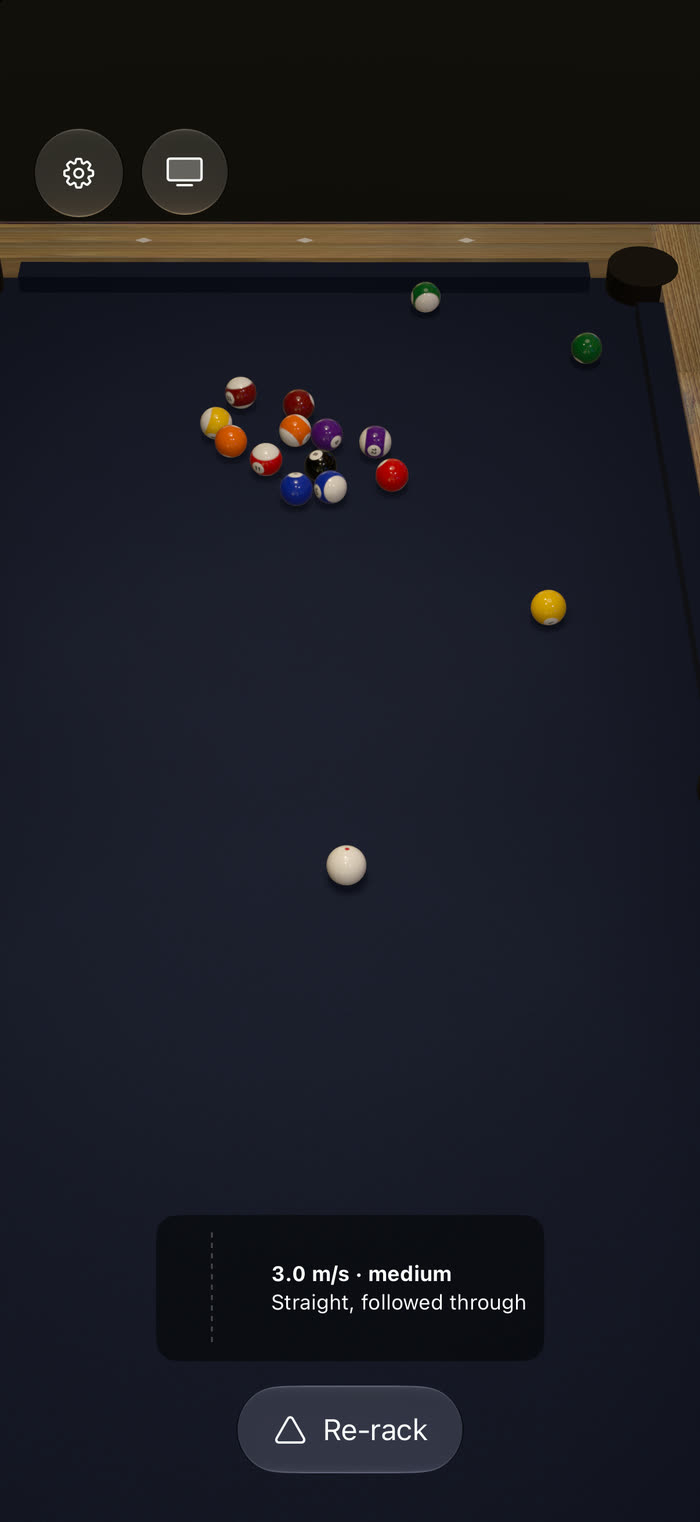 The table from above after a break, with the stroke card reading 3.0 metres a second, medium, straight, followed through