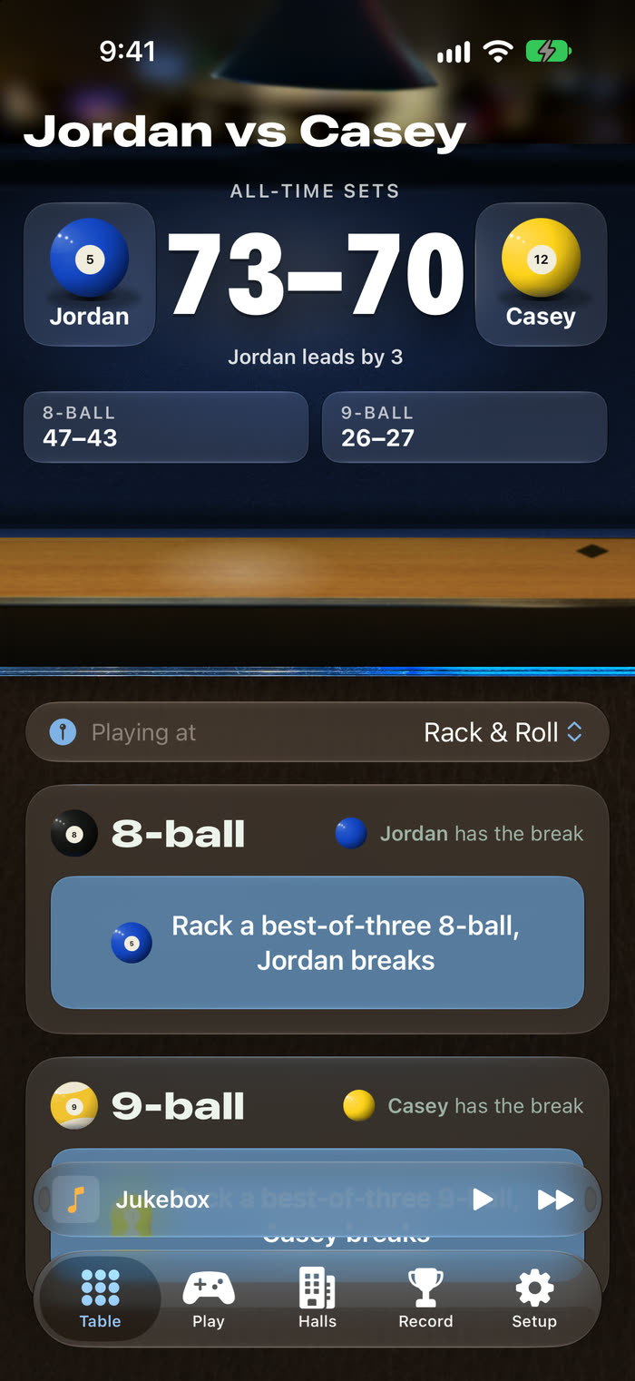 The Table page on iPhone: Jordan vs Casey, 73 to 70 in all-time sets, with buttons to rack a best-of-three 8-ball or 9-ball set