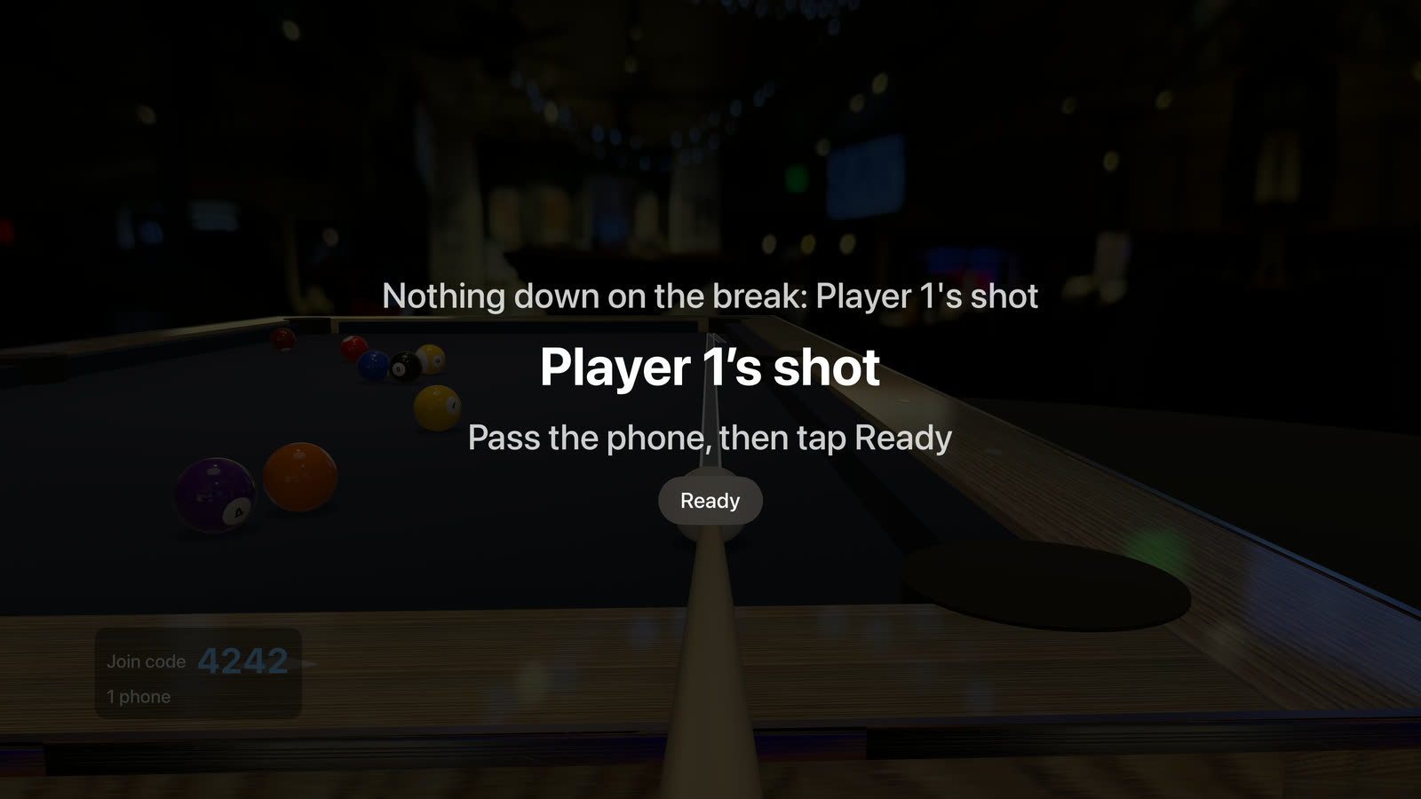 The Apple TV after the break: nothing down, Player 1's shot, pass the phone and tap Ready