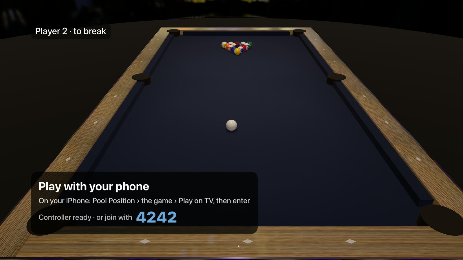 The Apple TV table with the 9-ball rack, waiting for players to join with code 4242